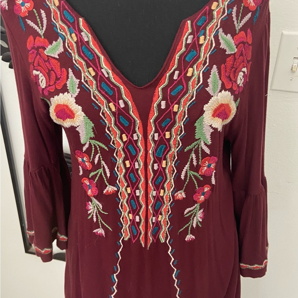 Embroidered Burgundy Boho Dress